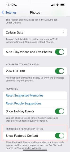 لقطة شاشة توضح كيفية إيقاف تشغيل إظهار المحتوى المميز على iOS