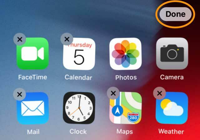 Botón Listo al reorganizar o eliminar aplicaciones en la pantalla de inicio del iPhone