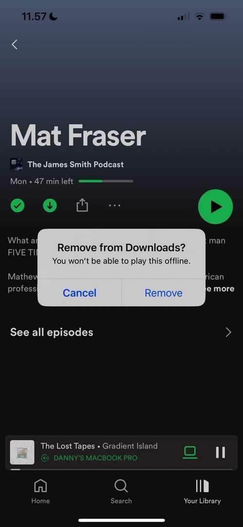 Képernyőkép, amely bemutatja, hogyan lehet törölni egy letöltött epizódot a Spotify-ból