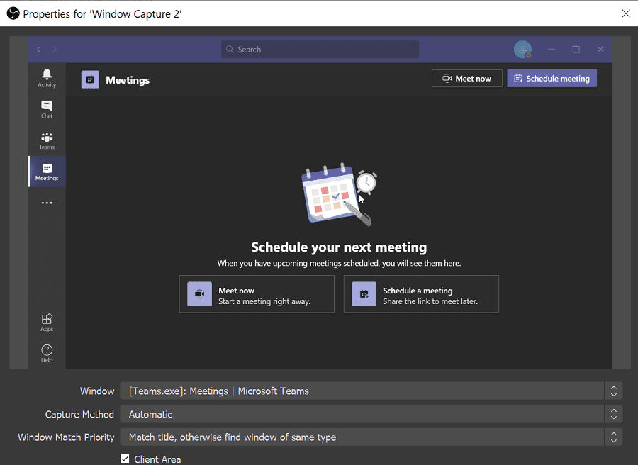 تلتقط نافذة OBS فرق مايكروسوفت