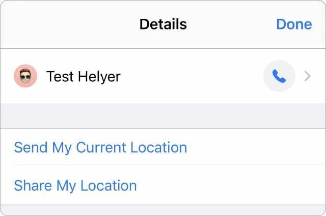 A Saját pozíció megosztása opciók az Üzenetek információs oldalon arra az esetre, ha az ETA megosztása nem működik iPhone-ján