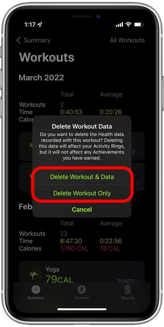 Odaberite želite li izbrisati vježbanje i podatke koje je snimio ili jednostavno izbrisati samo vježbanje.
