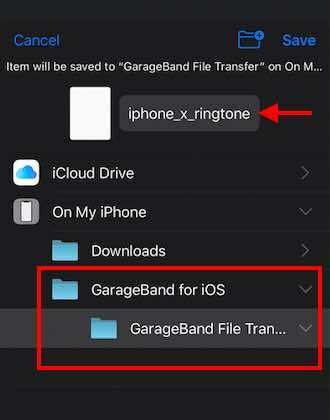 Teisaldage kohandatud helin kausta GarageBand Transfer