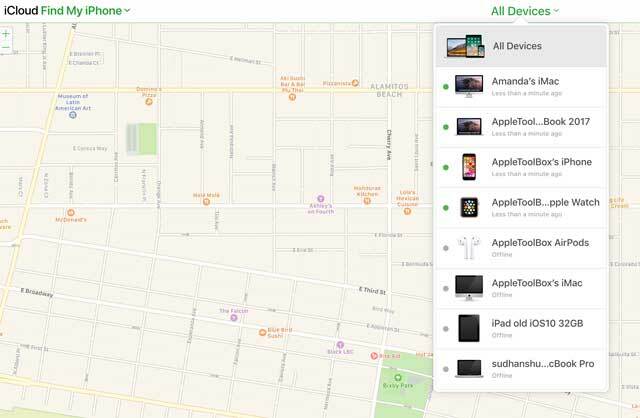 Všechna zařízení v aplikaci Najít iPhone na iCloud.com
