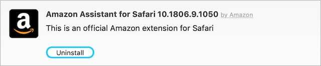 Opțiune pentru a dezinstala extensia Amazon din Safari.