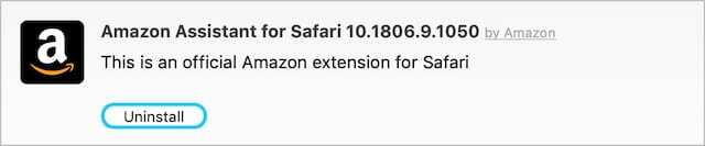 Επιλογή απεγκατάστασης της επέκτασης Amazon από το Safari.