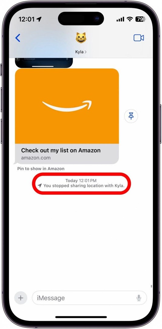 приложение за съобщения на iphone със съобщение, което гласи „спряхте да споделяте местоположение с kyla“, оградено в червено