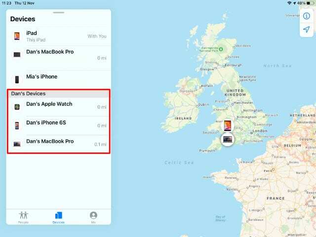 Find My ऐप में परिवार के सदस्य के डिवाइस