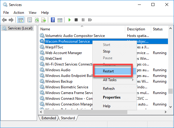 Restartējiet Wacom Profession Service