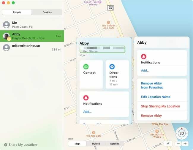 Options de contacts dans Find My