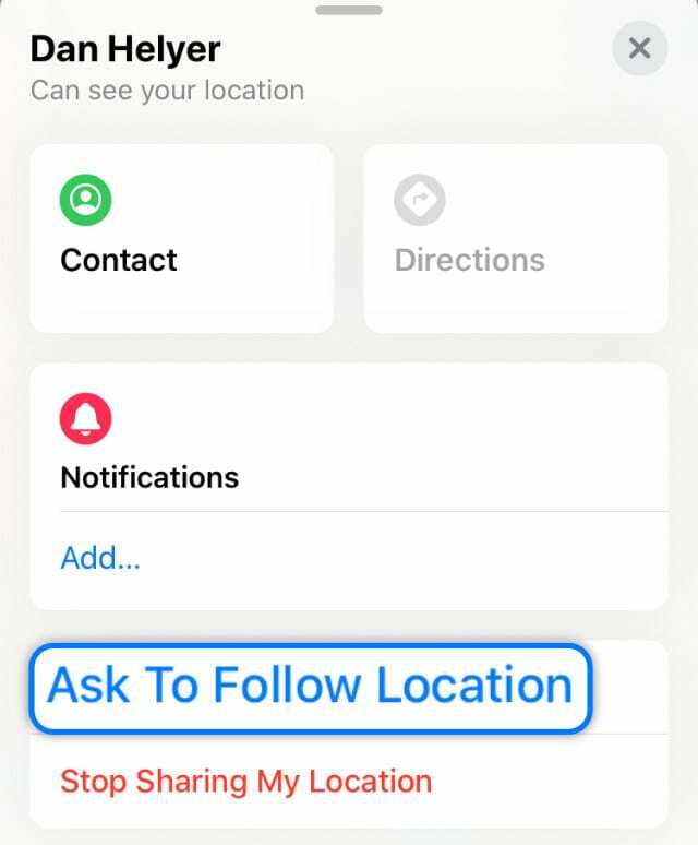 Botón Solicitar seguimiento de ubicación en la información de un amigo en Buscar mi