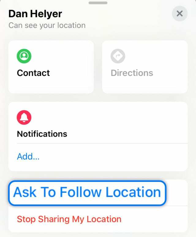 Бутон „Попитай да следваш местоположението“ в информацията за приятел в „Намери ми“.