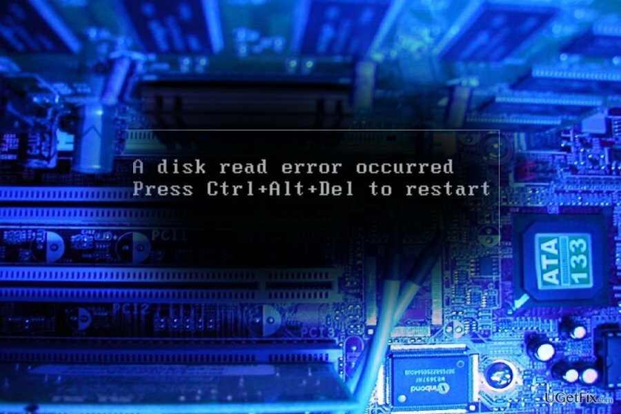 Tangkapan layar " Terjadi kesalahan pembacaan disk. Tekan Ctrl+Alt+Del untuk memulai kembali kesalahan 
