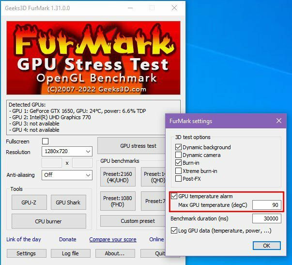 L'interfaccia utente di Furmark controlla le impostazioni di integrità della GPU