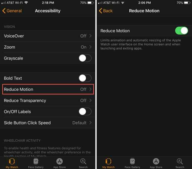 Iespējot Apple Watch Reduce Motion iPhone