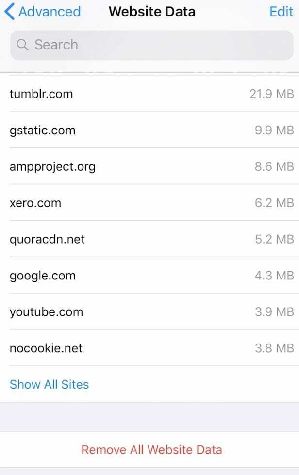 Rimuovi tutti i dati del sito web in iOS