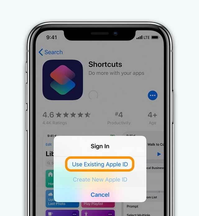 Pierakstoties App Store, izmantojiet esošo Apple ID