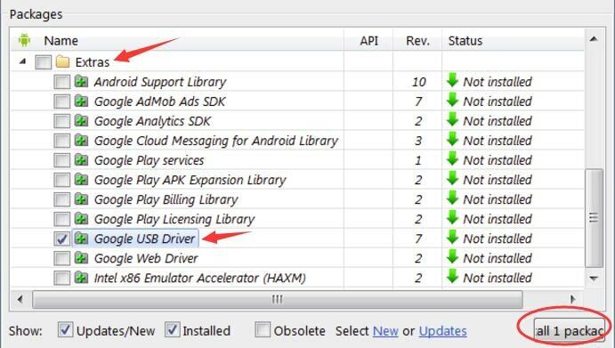 Seleccione los paquetes de controladores USB de Google