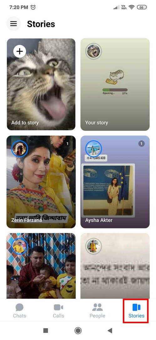 Gehen Sie in der Messenger-App von Android zur Registerkarte „Storys“.