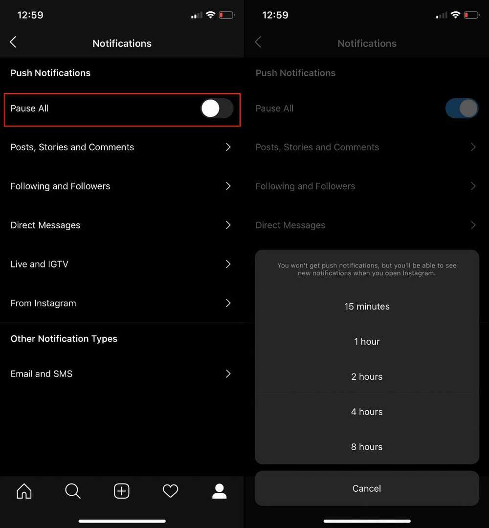 Configurações de notificação de pausa do Instagram