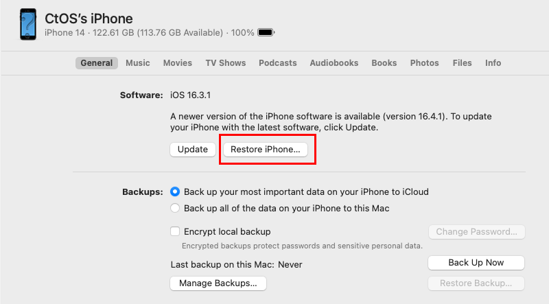 Palauta iPhone-vaihtoehto Macin Finder-sovelluksessa