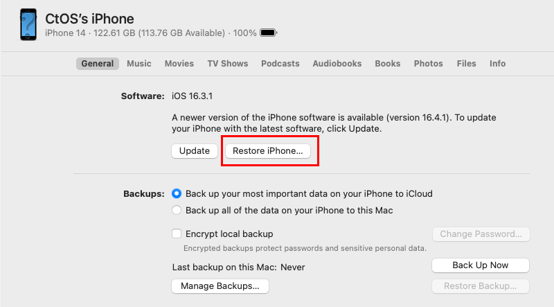 Restaurar opción de iPhone en la aplicación Finder en Mac