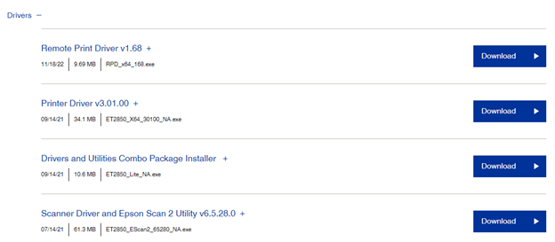 nedlasting av Epson ET 2850 driveroppsett