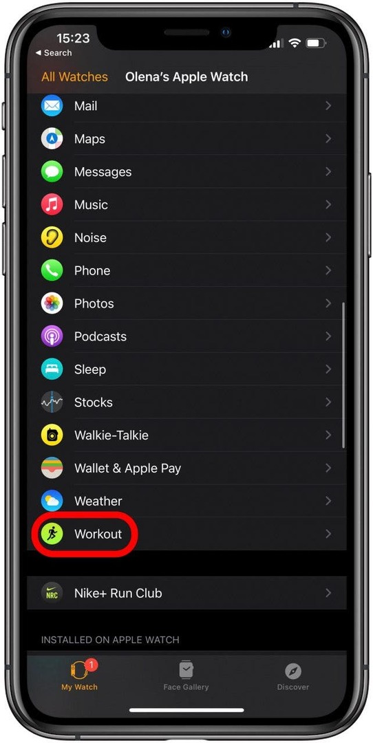 Configuración de entrenamiento en la aplicación Apple Watch en iPhone