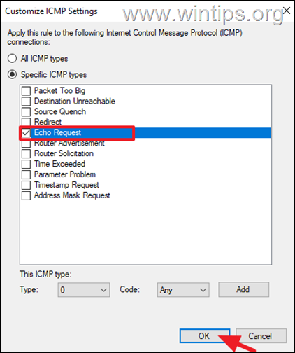 ICMPv4 पिंग इको अनुरोध की अनुमति दें