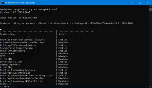 DISM online get-features format-table više