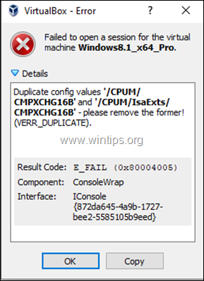 VirtualBox gagal membuka sesi - Nilai konfigurasi duplikat 'CPUMCMPXCHG16B' 