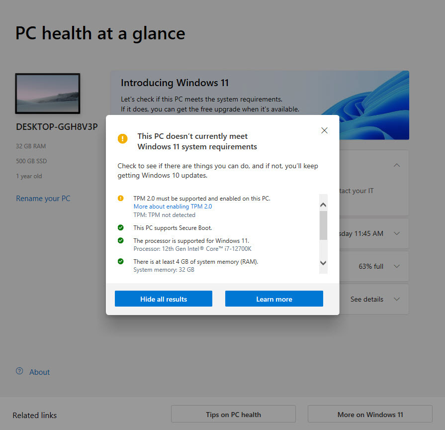 „Windows 11“ suderinamumo tikrinimas kompiuterio būklės patikrinimo programoje