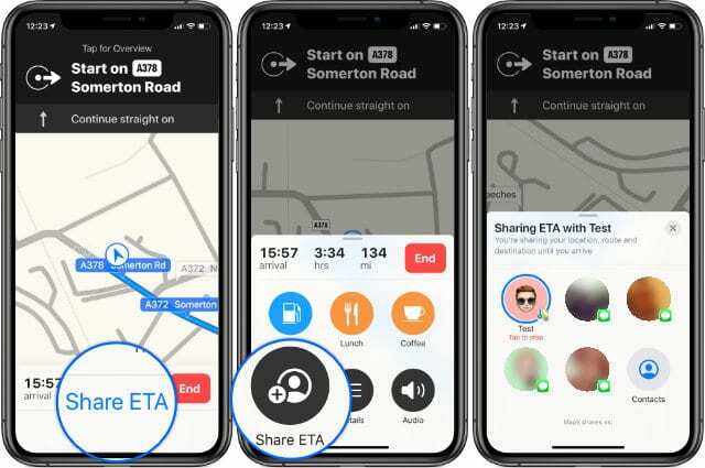 Jaa saapumisaika -painike Mapsin alaosassa iOS 13:ssa iPhonessa