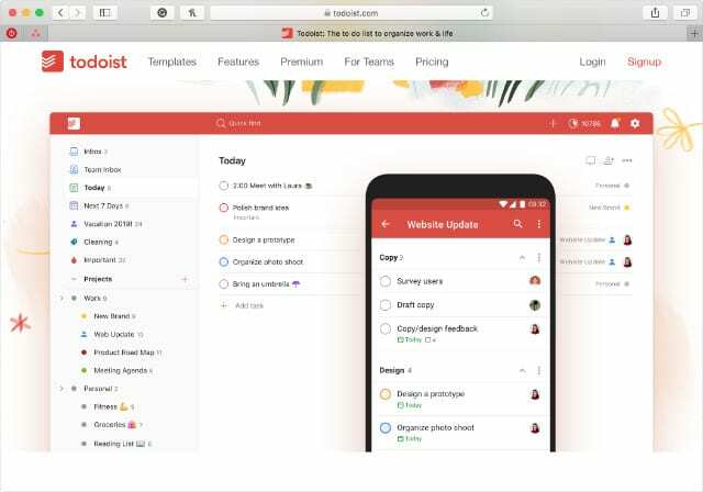 Ιστότοπος Todoist που δείχνει τις δυνατότητες της εφαρμογής