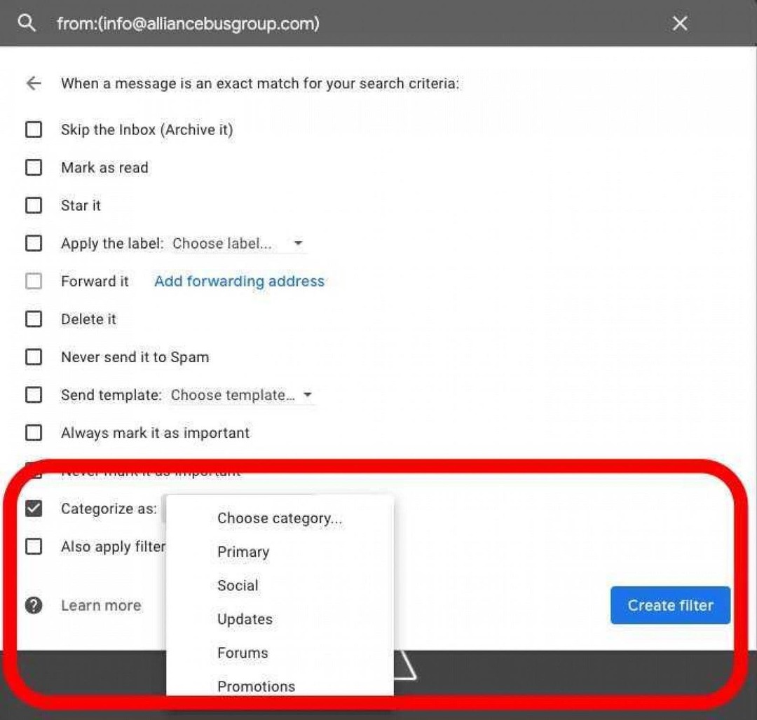 vytvoriť filter pre e-maily v Gmaile 