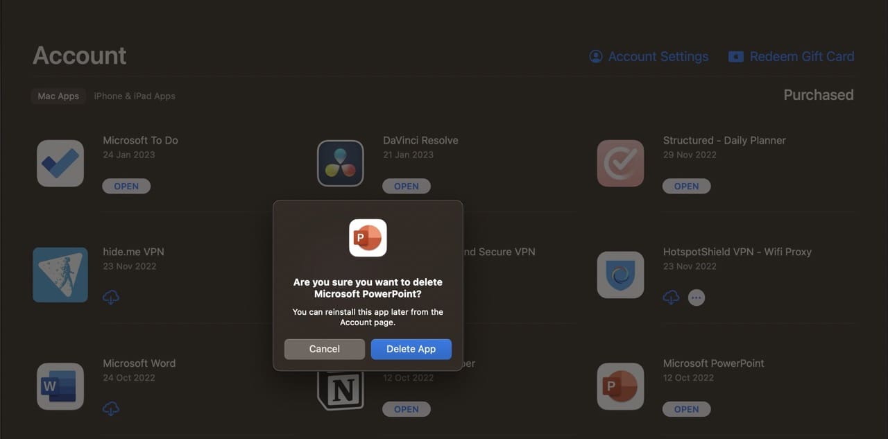 Smazat snímek obrazovky potvrzení aplikace Mac App Store