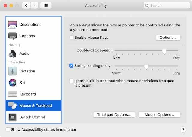 Opsi Mouse & Trackpad di Preferensi Sistem Aksesibilitas.