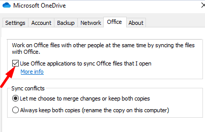 OneDrive biroja iestatījumi