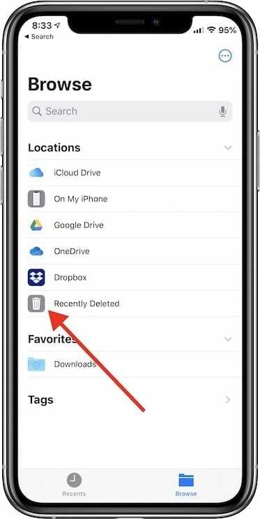 Nemrég törölt mappa a Files alkalmazásban