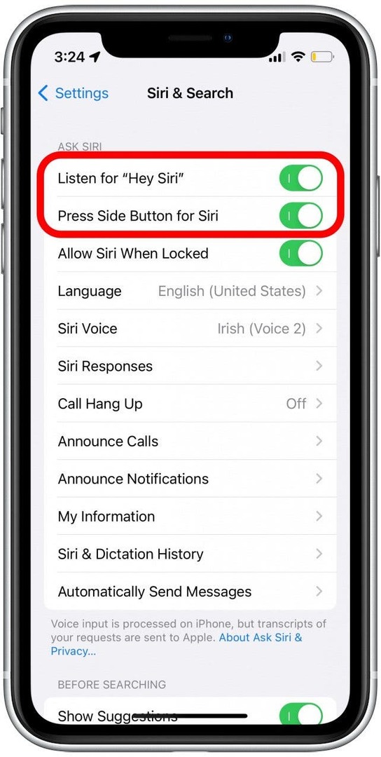 Patikrinkite, ar du viršutiniai jungikliai: Klausytis „Hey Siri“ ir „Paspauskite šoninį mygtuką Siri“ yra žali ir įjungti.