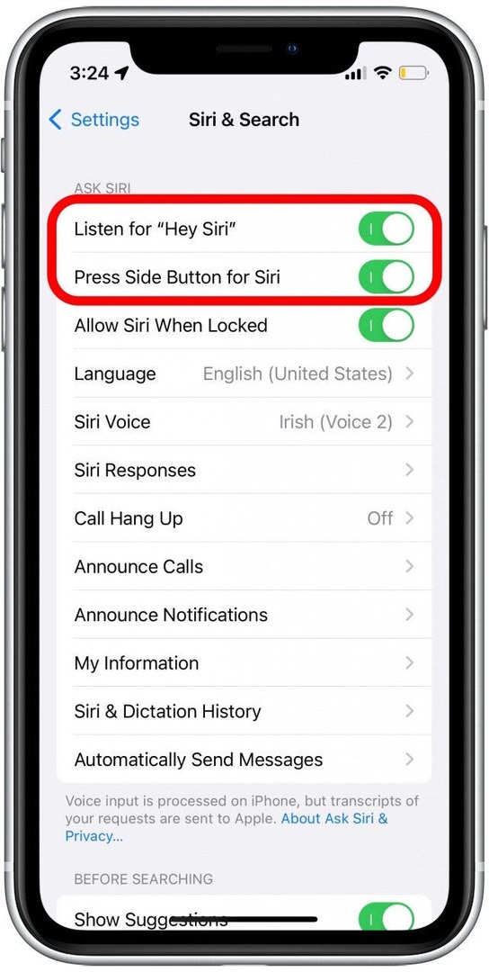 Переконайтеся, що два верхніх перемикача «Слухати «Hey Siri»» і «Натиснути бічну кнопку для Siri» зелені та увімкнені.