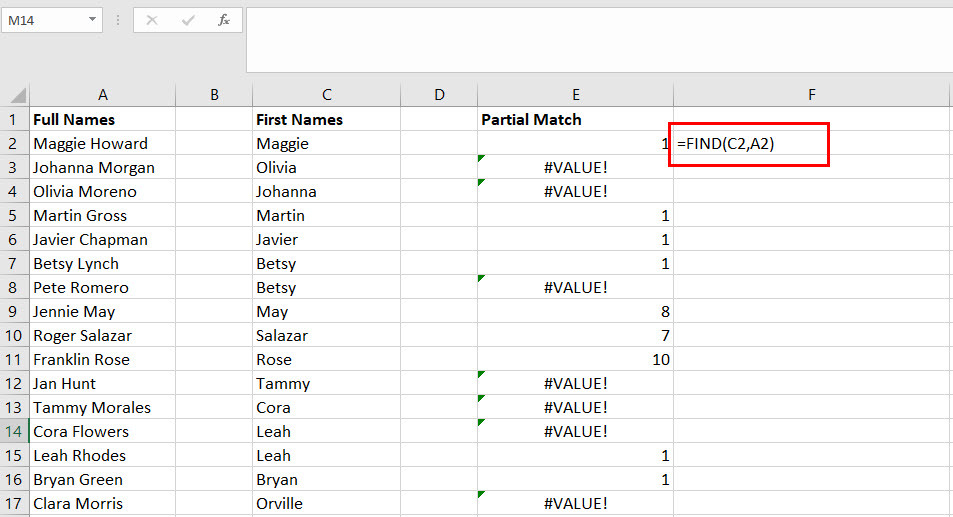 FIND を使用して Excel でテキストを比較する方法