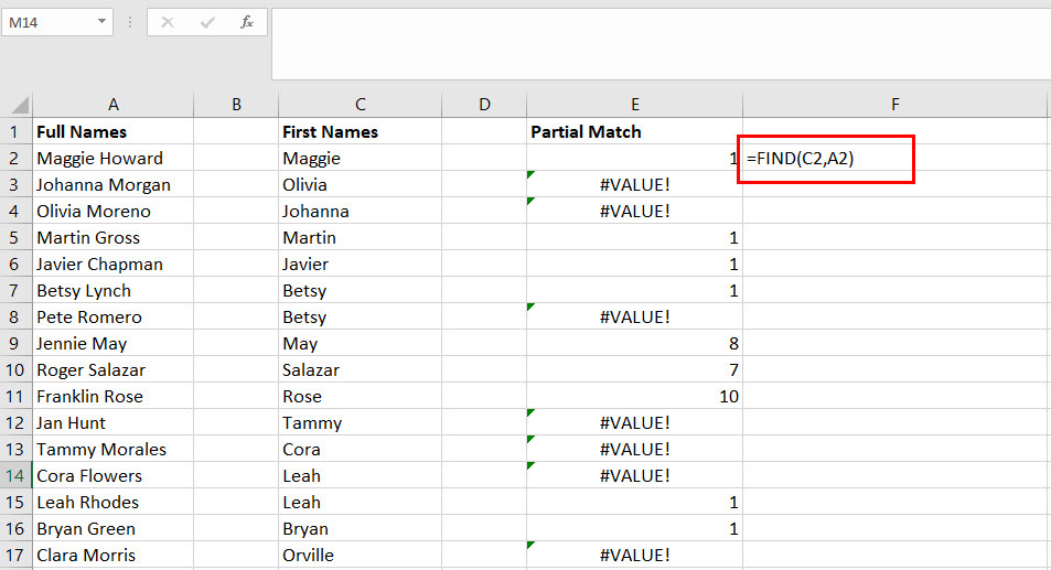 Kaip naudoti FIND norint palyginti tekstą programoje „Excel“.