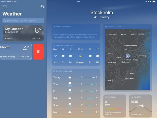 Näyttökaappaus, joka näyttää, kuinka kaupungin sijainti poistetaan iPadin Weatherista