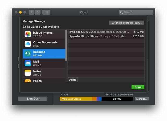 รายการข้อมูลสำรอง iCloud บน Mac