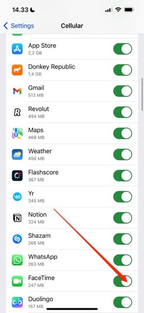 Der FaceTime-Schalter für die iOS-Mobilfunkeinstellungen