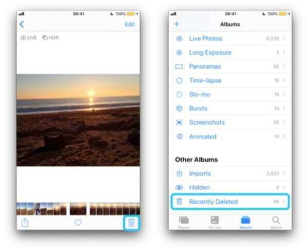 שני צילומי מסך של אייפון המדגישים את כפתור המחיקה בתמונה ואת האלבום שנמחק לאחרונה