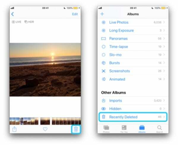 Due schermate di iPhone che evidenziano il pulsante Elimina su una foto e l'album Eliminato di recente