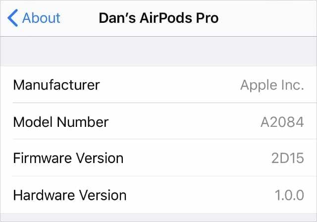 AirPods Pro firmwareversion fra iPhone-indstillinger