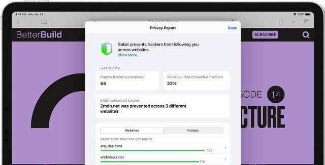 iPadOS 14의 Safari에서 개인 정보 보호 보고서